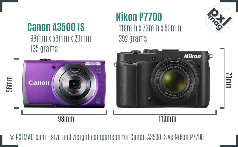 Canon A3500 IS vs Nikon P7700 size comparison