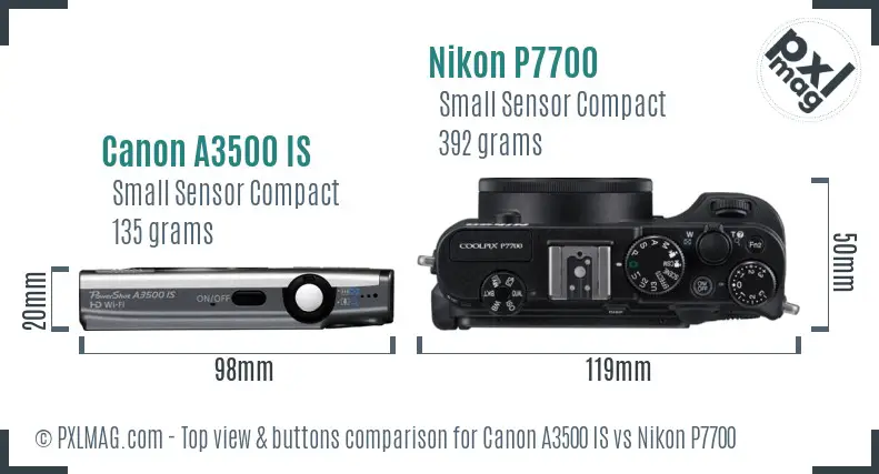 Canon A3500 IS vs Nikon P7700 top view buttons comparison