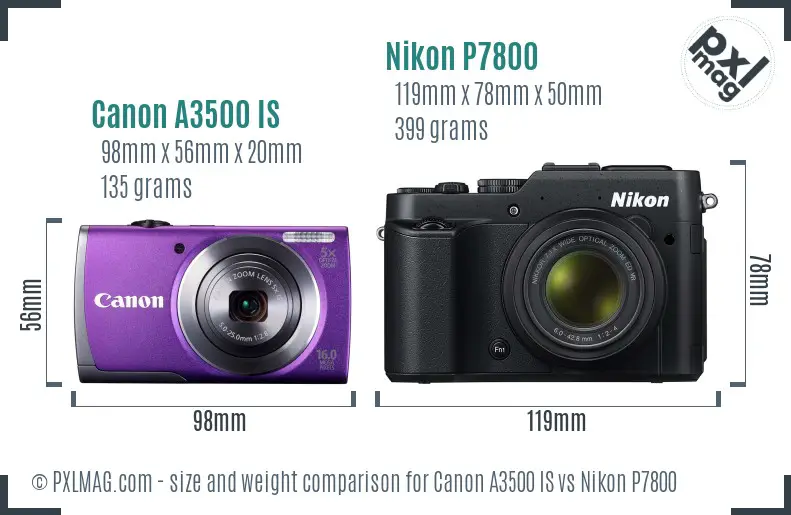 Canon A3500 IS vs Nikon P7800 size comparison