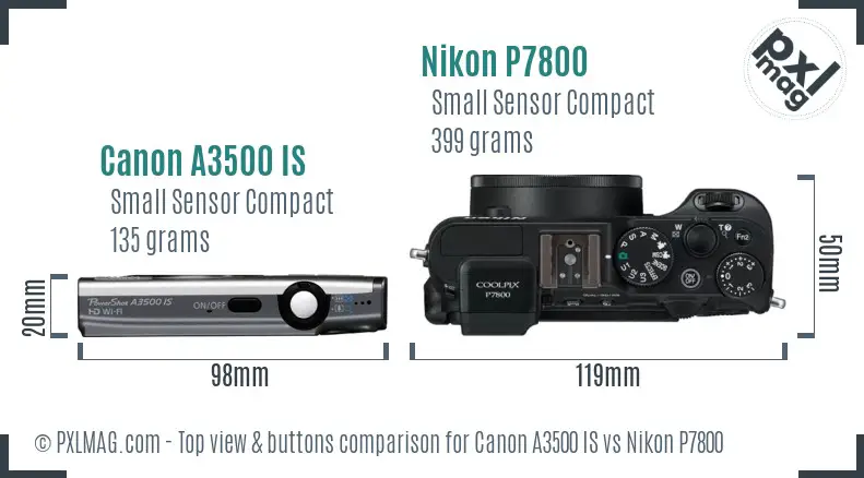Canon A3500 IS vs Nikon P7800 top view buttons comparison