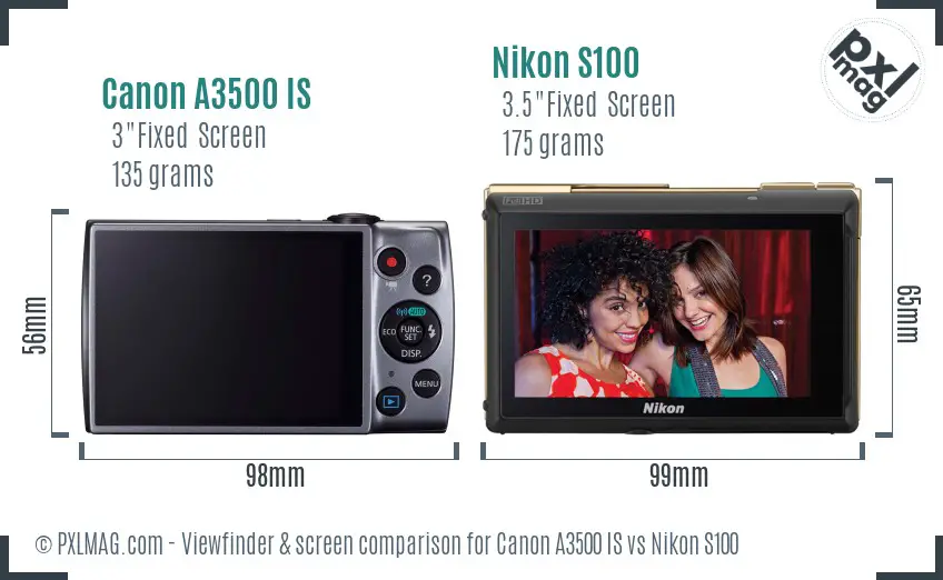 Canon A3500 IS vs Nikon S100 Screen and Viewfinder comparison