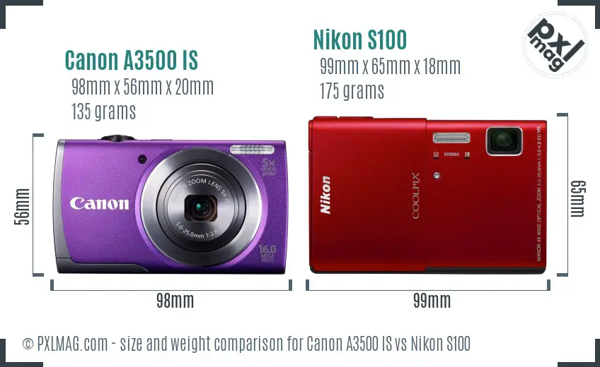 Canon A3500 IS vs Nikon S100 size comparison