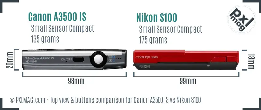 Canon A3500 IS vs Nikon S100 top view buttons comparison