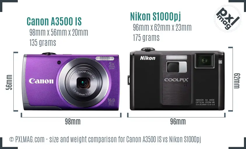 Canon A3500 IS vs Nikon S1000pj size comparison