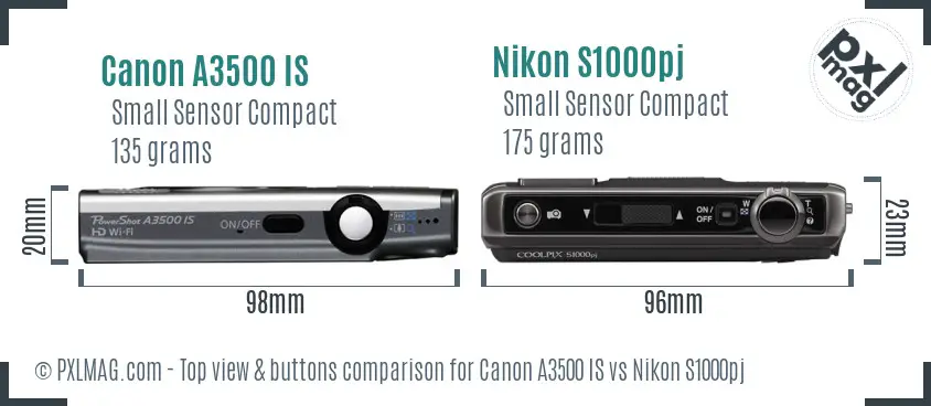 Canon A3500 IS vs Nikon S1000pj top view buttons comparison