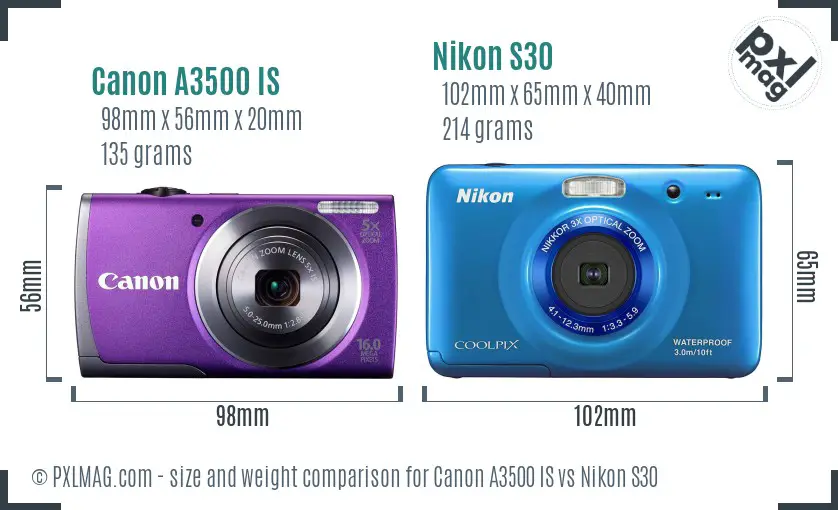Canon A3500 IS vs Nikon S30 size comparison