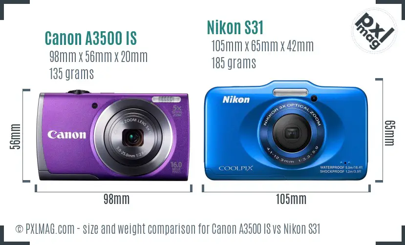 Canon A3500 IS vs Nikon S31 size comparison