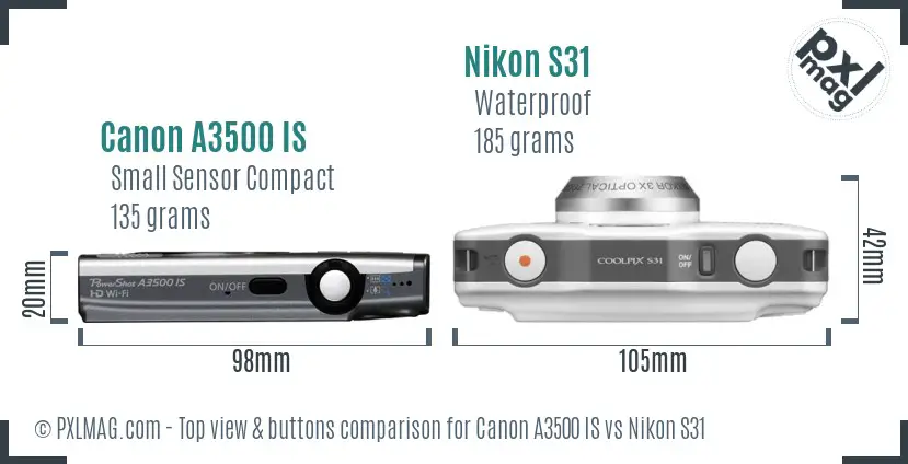 Canon A3500 IS vs Nikon S31 top view buttons comparison