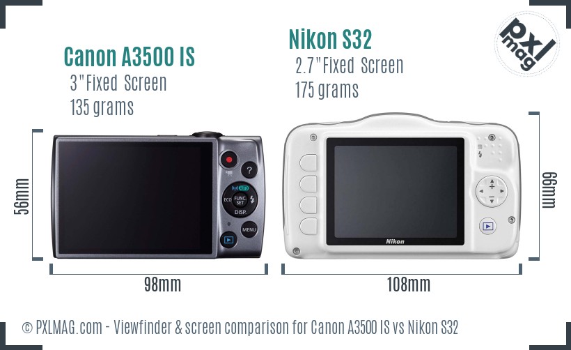 Canon A3500 IS vs Nikon S32 Screen and Viewfinder comparison