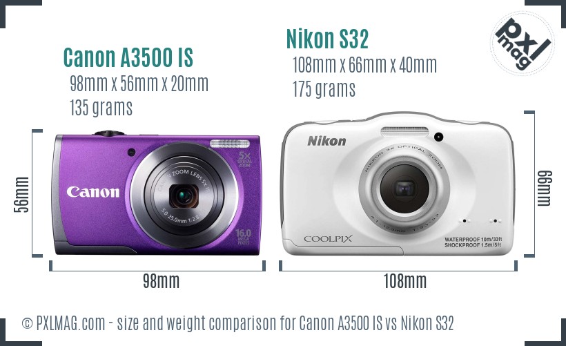 Canon A3500 IS vs Nikon S32 size comparison