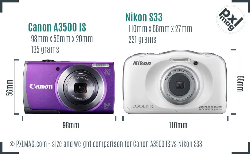 Canon A3500 IS vs Nikon S33 size comparison