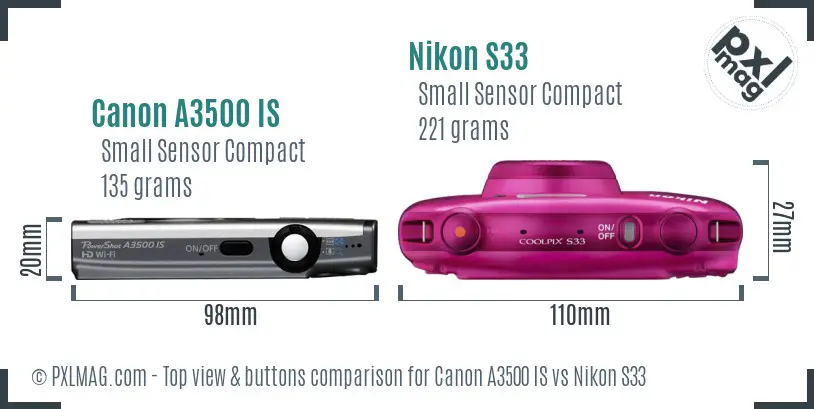 Canon A3500 IS vs Nikon S33 top view buttons comparison