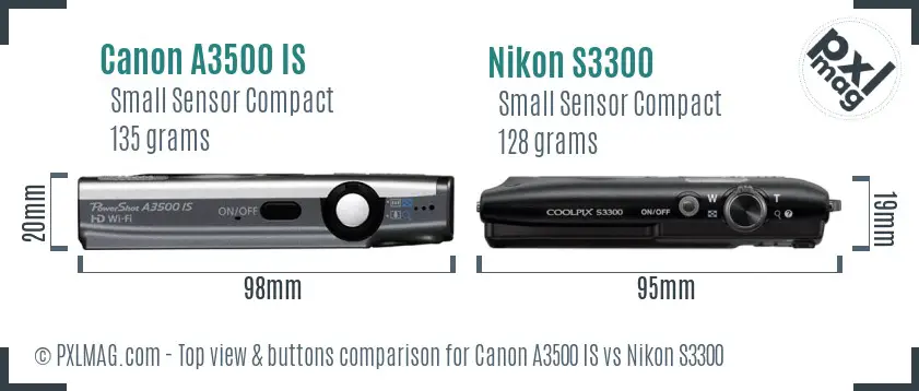 Canon A3500 IS vs Nikon S3300 top view buttons comparison