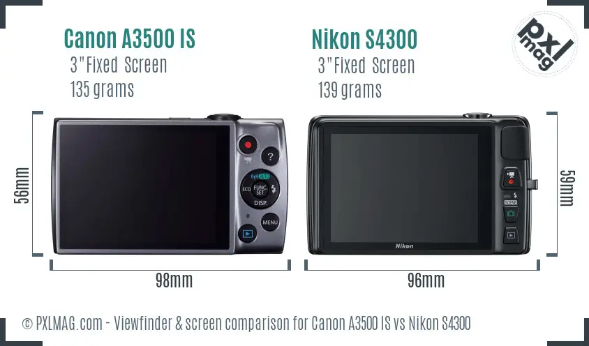 Canon A3500 IS vs Nikon S4300 Screen and Viewfinder comparison
