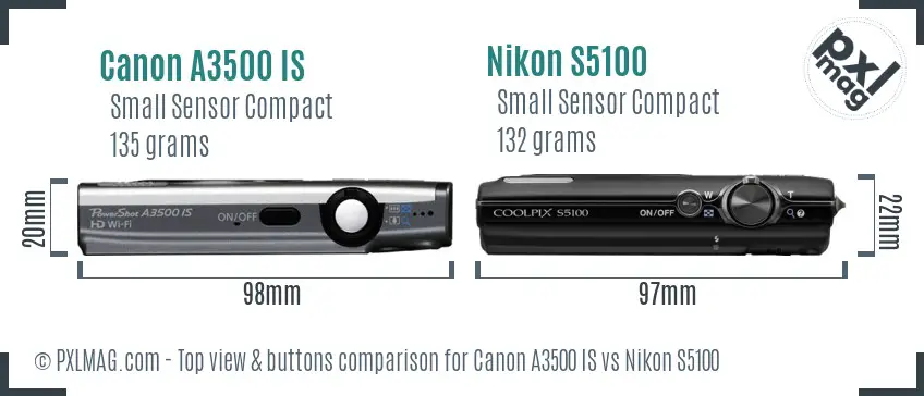 Canon A3500 IS vs Nikon S5100 top view buttons comparison