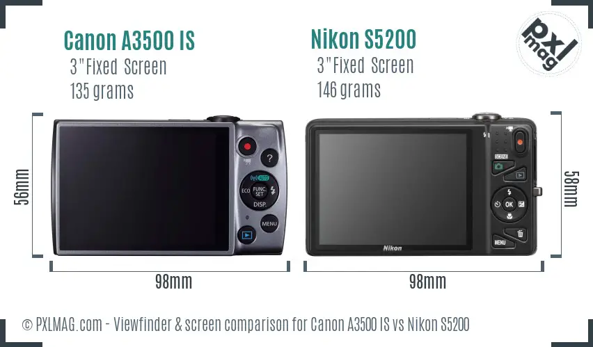 Canon A3500 IS vs Nikon S5200 Screen and Viewfinder comparison