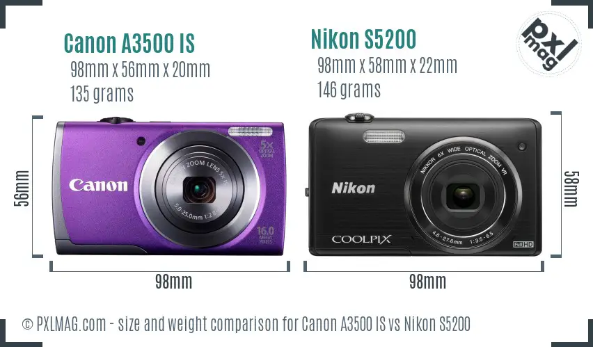 Canon A3500 IS vs Nikon S5200 size comparison