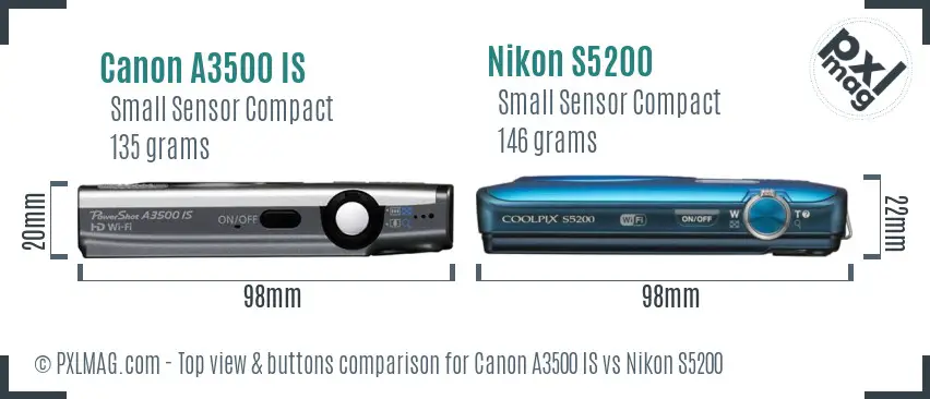 Canon A3500 IS vs Nikon S5200 top view buttons comparison