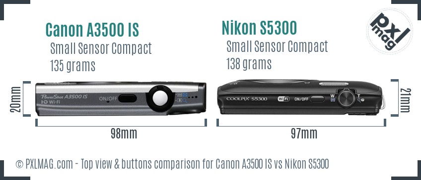 Canon A3500 IS vs Nikon S5300 top view buttons comparison
