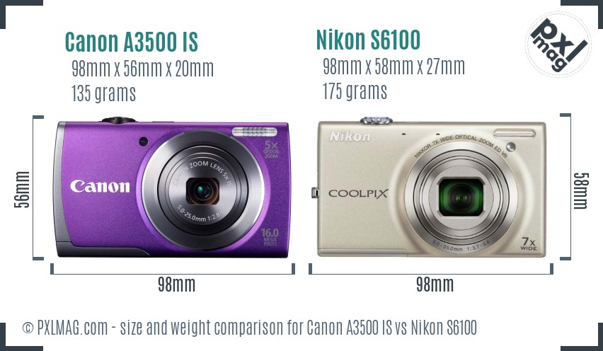 Canon A3500 IS vs Nikon S6100 size comparison Canon A3500 IS vs Nikon S6100 size comparison