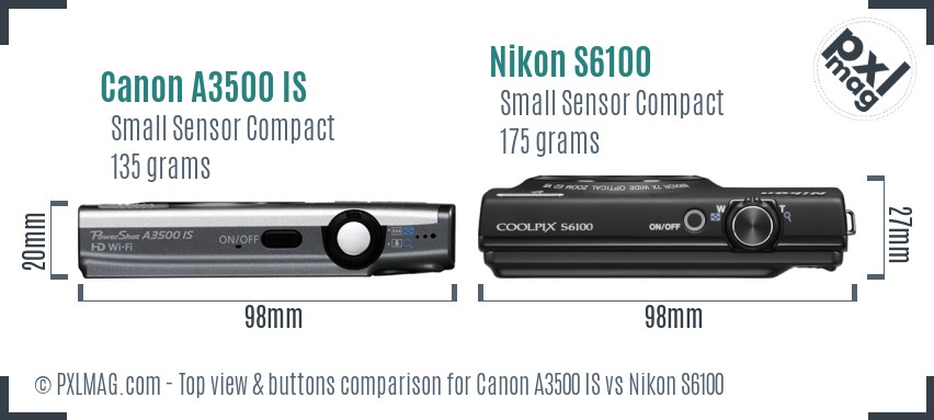 Canon A3500 IS vs Nikon S6100 top view buttons comparison