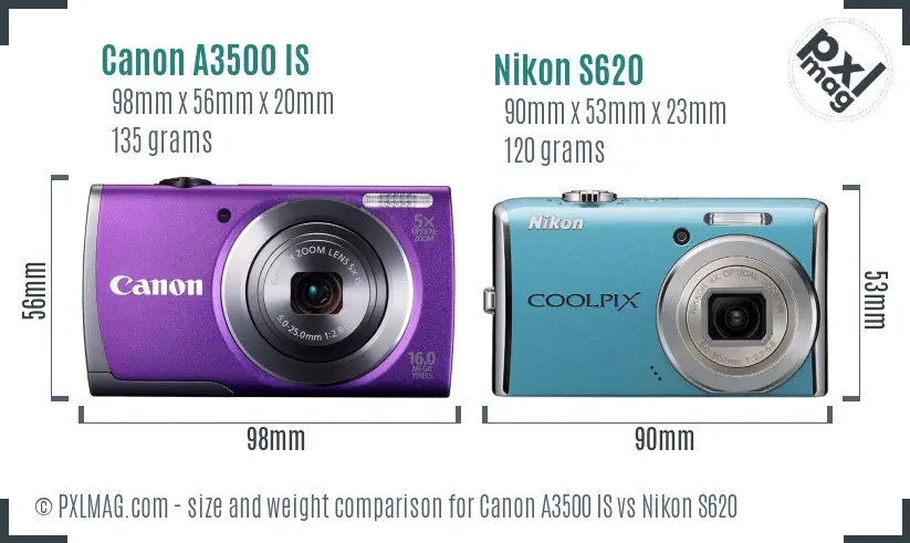 Canon A3500 IS vs Nikon S620 size comparison Canon A3500 IS vs Nikon S620 size comparison
