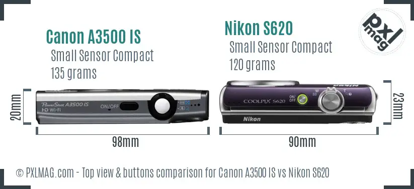 Canon A3500 IS vs Nikon S620 top view buttons comparison Canon A3500 IS vs Nikon S620 top view buttons comparison