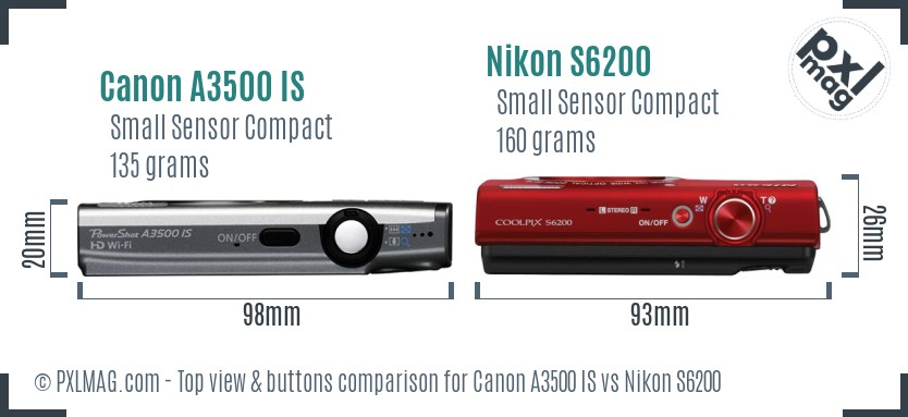 Canon A3500 IS vs Nikon S6200 top view buttons comparison