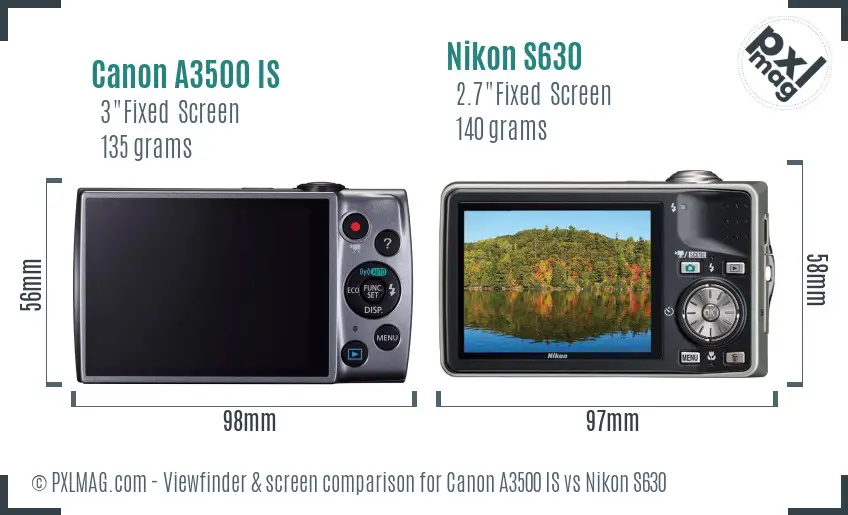 Canon A3500 IS vs Nikon S630 Screen and Viewfinder comparison