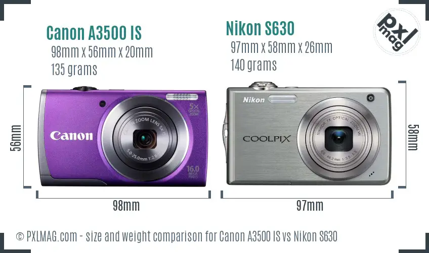 Canon A3500 IS vs Nikon S630 size comparison