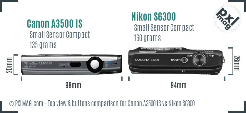 Canon A3500 IS vs Nikon S6300 top view buttons comparison
