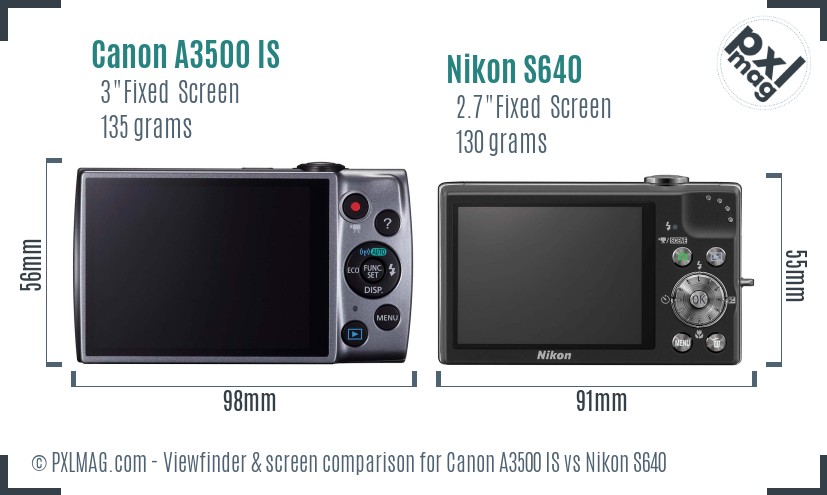 Canon A3500 IS vs Nikon S640 Screen and Viewfinder comparison