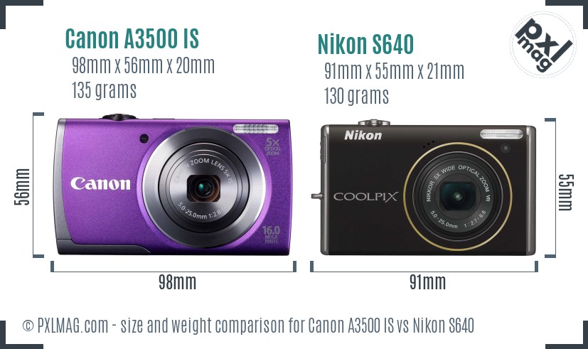 Canon A3500 IS vs Nikon S640 size comparison