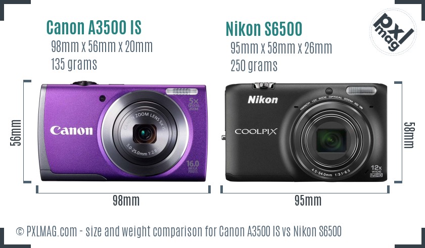 Canon A3500 IS vs Nikon S6500 size comparison Canon A3500 IS vs Nikon S6500 size comparison