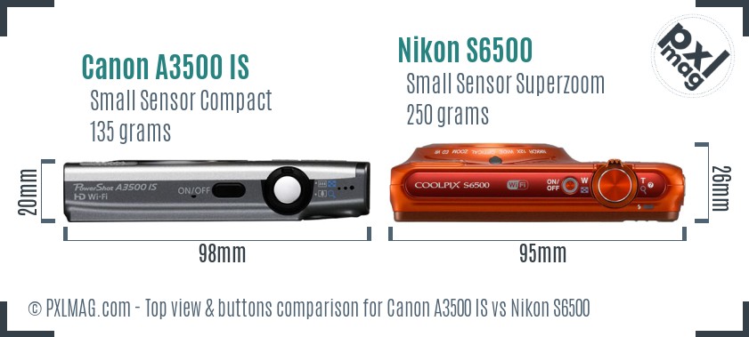 Canon A3500 IS vs Nikon S6500 top view buttons comparison