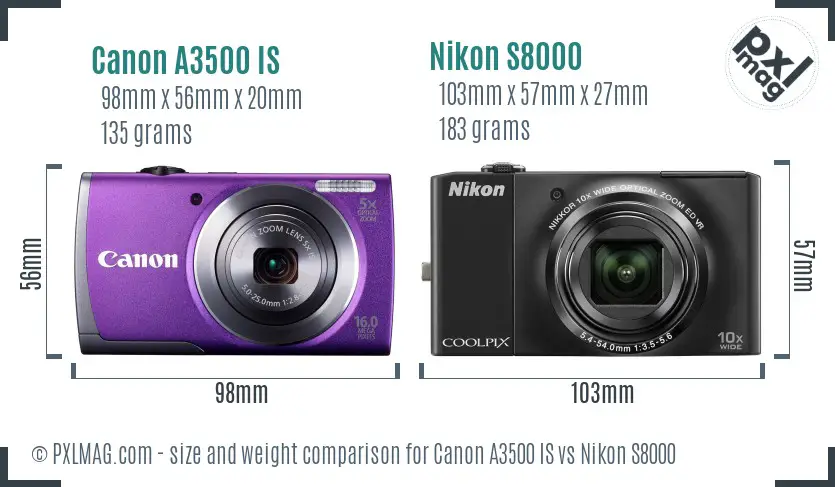 Canon A3500 IS vs Nikon S8000 size comparison