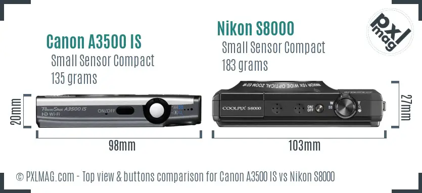 Canon A3500 IS vs Nikon S8000 top view buttons comparison