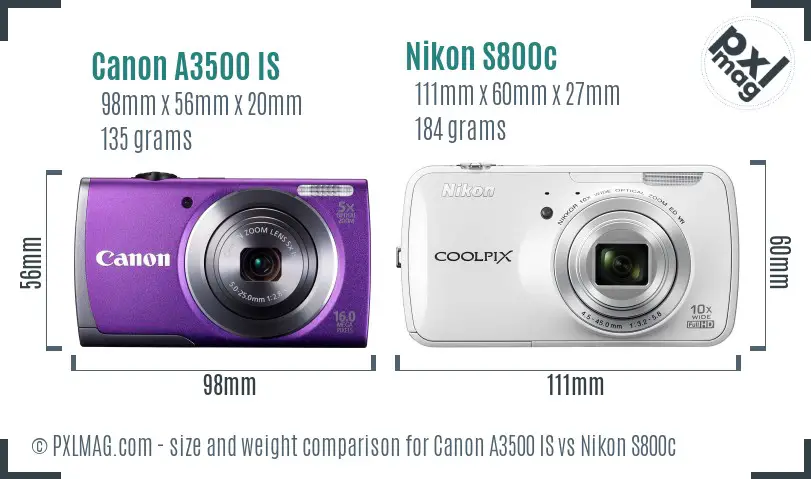 Side-by-side size comparison of Canon A3500 IS and Nikon S800c