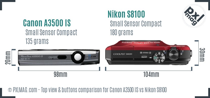 Canon A3500 IS vs Nikon S8100 top view buttons comparison