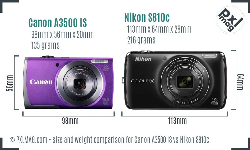 Canon A3500 IS vs Nikon S810c size comparison