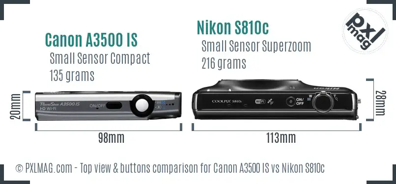 Canon A3500 IS vs Nikon S810c top view buttons comparison