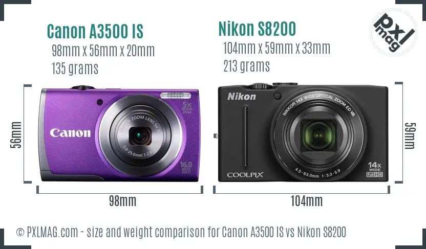 Canon A3500 IS vs Nikon S8200 size comparison