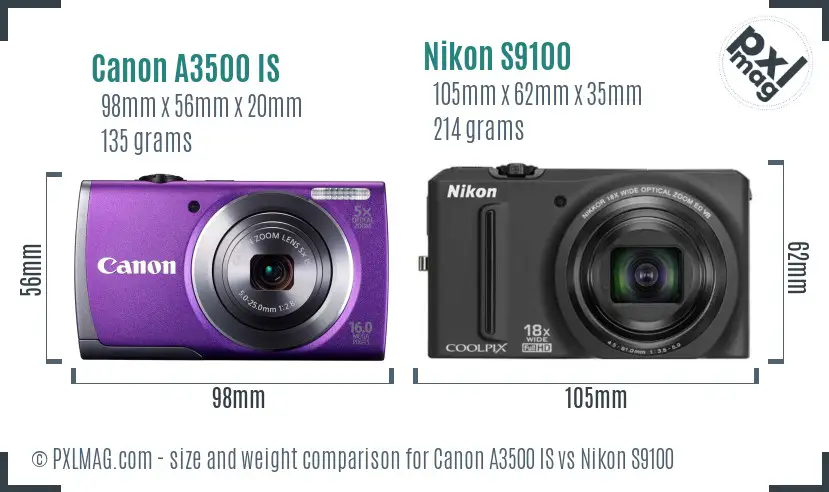 Canon A3500 IS vs Nikon S9100 size comparison