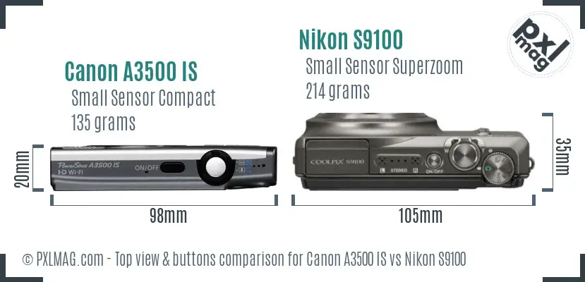 Canon A3500 IS vs Nikon S9100 top view buttons comparison