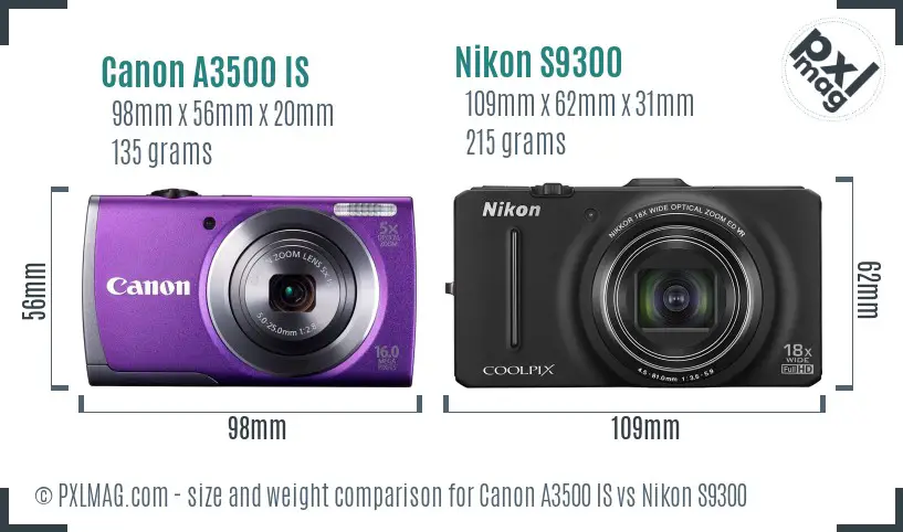 Canon A3500 IS vs Nikon S9300 size comparison