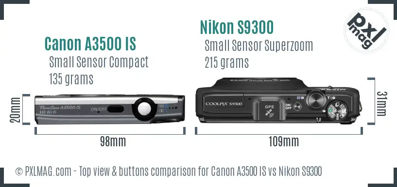 Canon A3500 IS vs Nikon S9300 top view buttons comparison