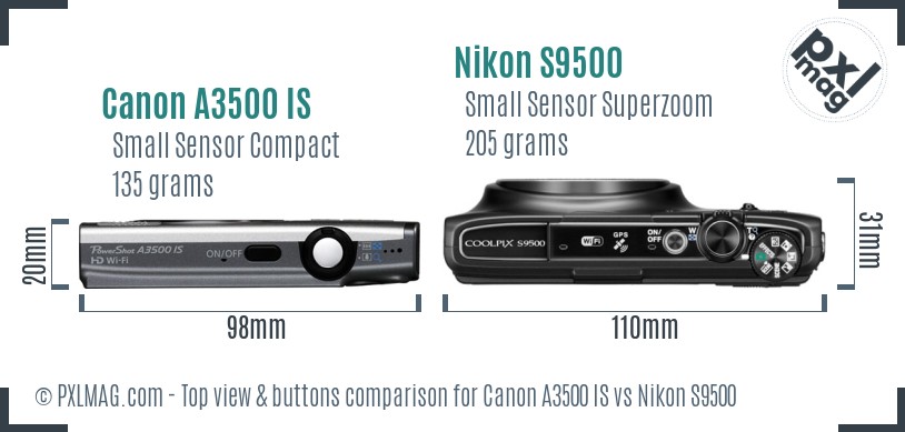 Canon A3500 IS vs Nikon S9500 top view buttons comparison