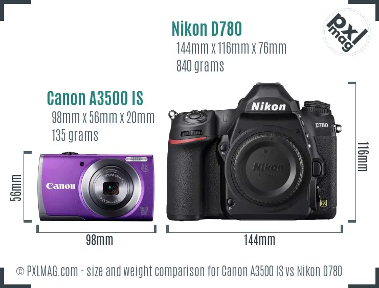 Canon A3500 IS vs Nikon D780 size comparison