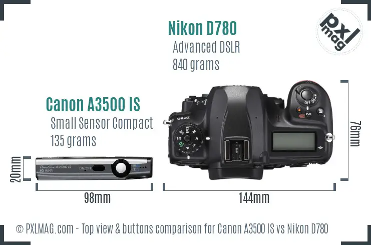 Canon A3500 IS vs Nikon D780 top view buttons comparison