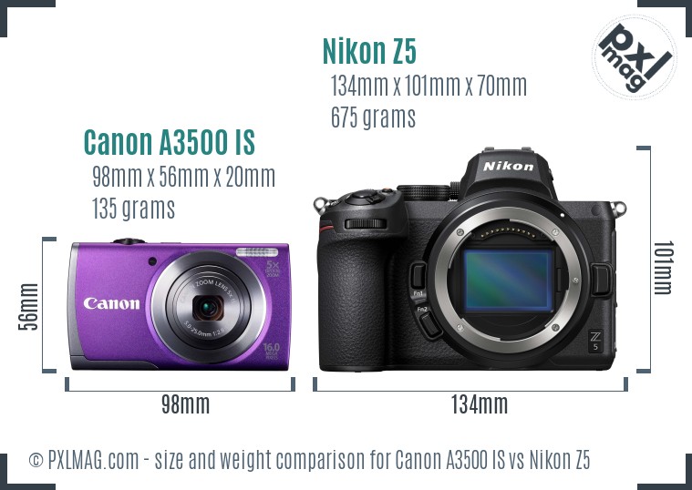 Canon A3500 IS vs Nikon Z5 size comparison